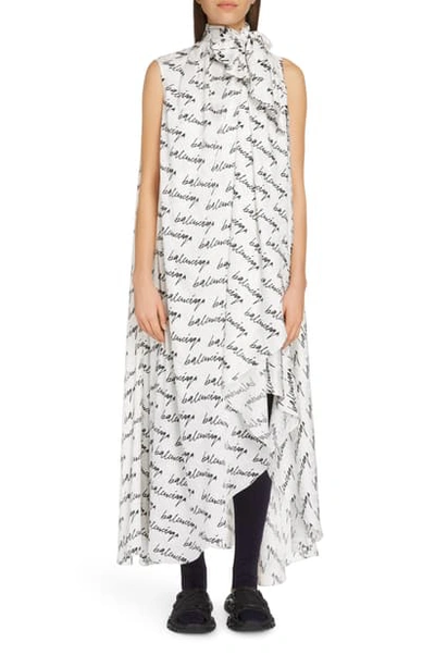 Balenciaga Stola Scribble Print Logo Jacquard Silk High/low Dress In White