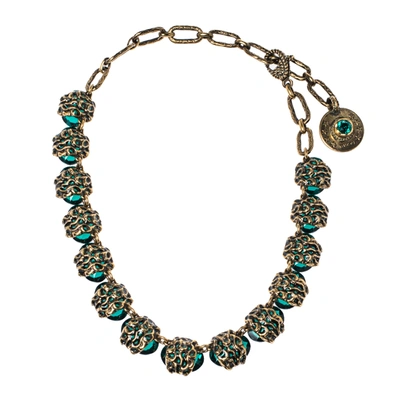 Pre-owned Gucci Crystal Embellished Gold Tone Necklace In Green