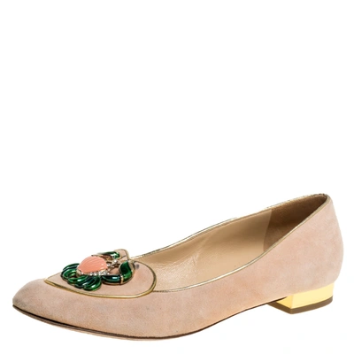 Pre-owned Charlotte Olympia Peach Suede Birthday Zodiac Cancer Ballet Flats Size 40 In Beige