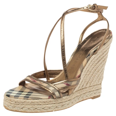 Pre-owned Burberry Gold/beige House Check Pvc And Patent Leather Criss Cross Espadrille Sandals Size 40.5