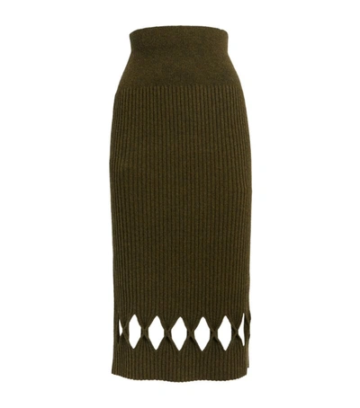 Victoria Beckham Ribbed Wool-blend Diamond Cutout Pencil Skirt In Khaki