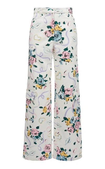 Alessandra Rich Floral Cotton Gabardine Wide-leg Pants In White,black,pink,purple,green,light Blue,yellow