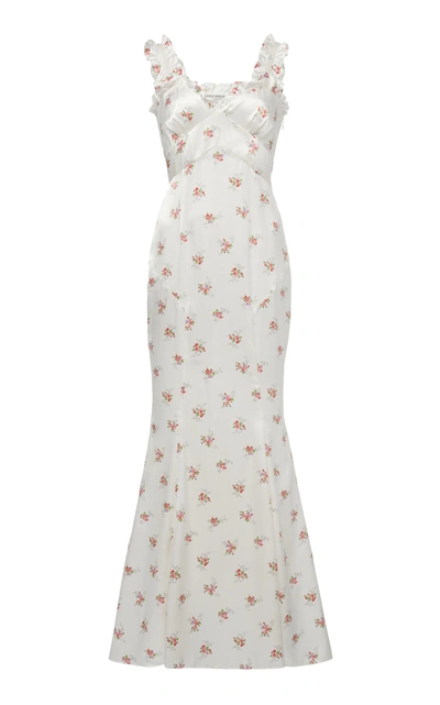 Alessandra Rich Floral Print Silk Satin Slip Dress In White