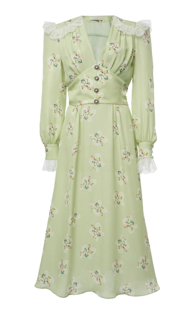 Alessandra Rich Lace-trimmed Floral-print Silk Crepe De Chine Midi Dress In Green