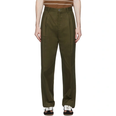 Loewe Pleated Chino Cotton Canvas Trousers In Military Green