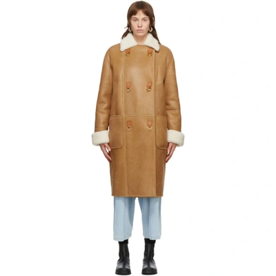 Loewe Contrast-collar Leather And Shearling Coat In Light Brown