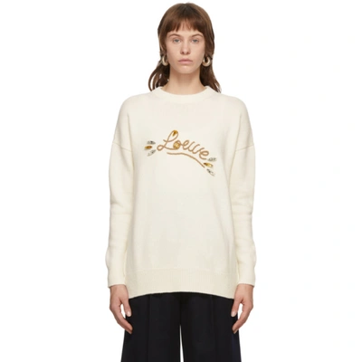 Loewe Wool Knit Sweater W/ Embellished Logo In White