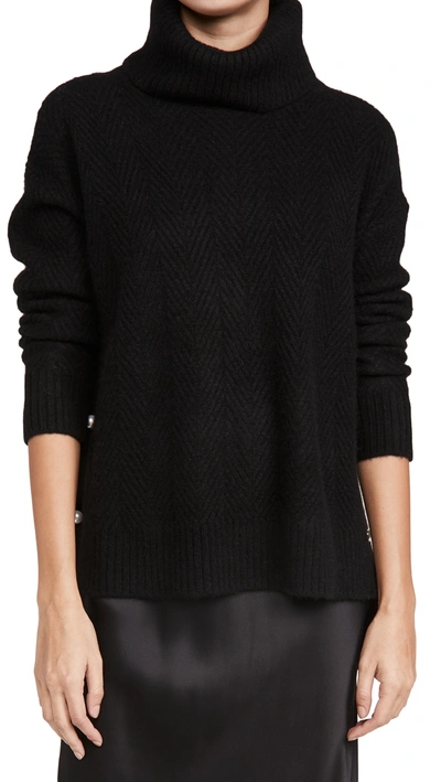 Adam Lippes Herringbone Turtleneck Cashmere & Silk Sweater In Black