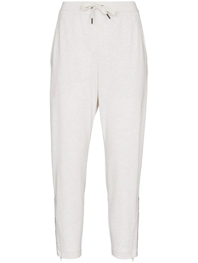 Brunello Cucinelli Bead-embellished Ribbed Cotton Track Pants In White