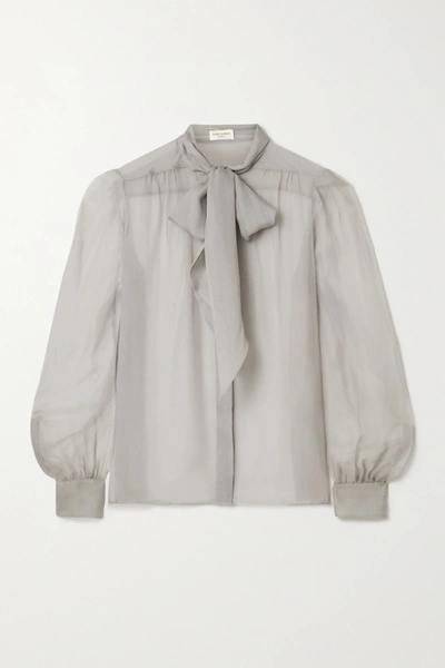 Saint Laurent Pussy-bow Silk-georgette Blouse In Light Grey