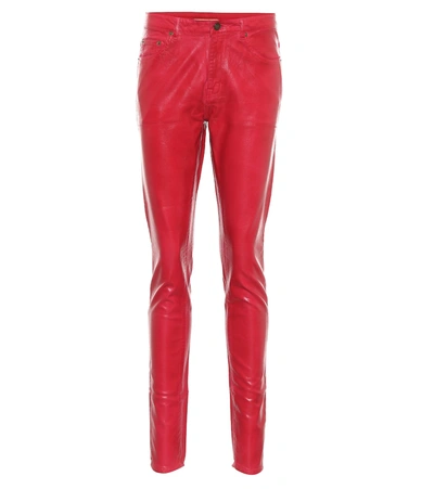 Saint Laurent Mid-rise Skinny Coated Cotton Jeans In Red