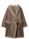 BRUNELLO CUCINELLI SHEARLING-TRIMMED BELTED COAT