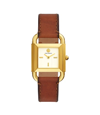 Tory Burch Phipps Watch, Luggage Leather/gold-tone, 24 X 24 Mm In Brown