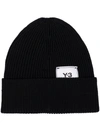 Y-3 LOGO-PATCH RIBBED-KNIT BEANIE HAT