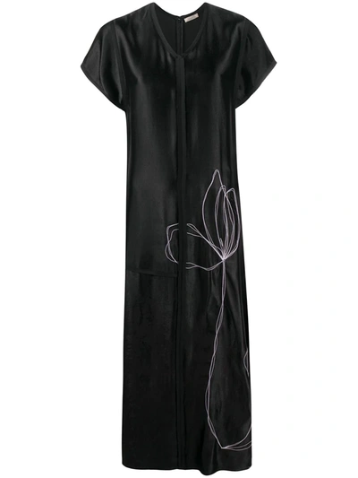 Nina Ricci Floral-embroidered Long Shift Dress In Black