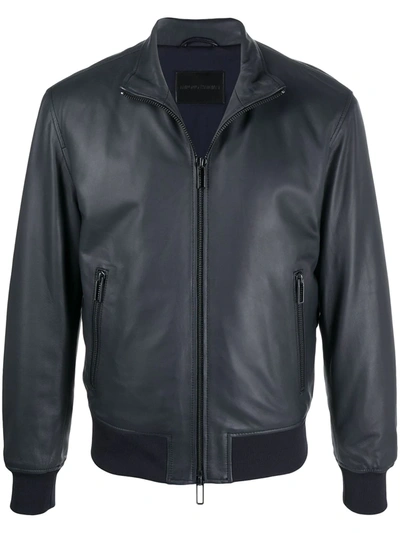 Emporio Armani Leather Bomber Jacket In Blue
