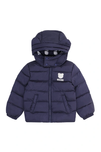 Moschino Babies' Hooded Full-zip Down Jacket In Blue