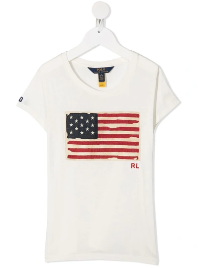 Ralph Lauren Kids' American Flag Patch T-shirt In White