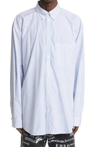 Balenciaga Stripe Cotton Button-down Shirt In White/ Blue