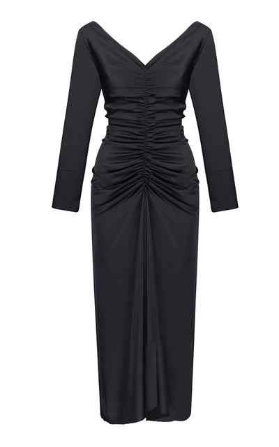 Anna October Ruched Satin Dress In Black