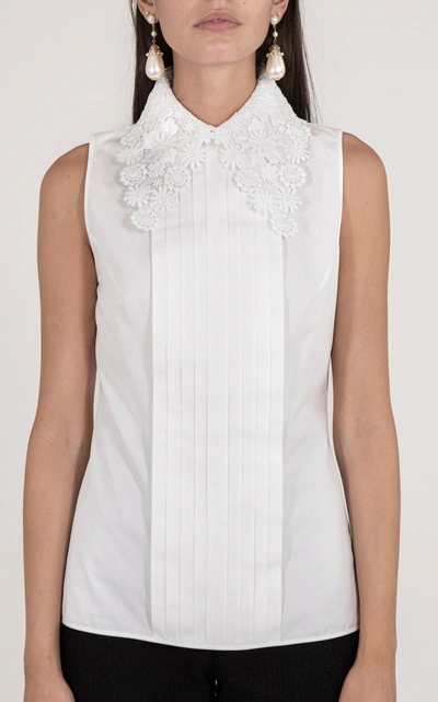Andrew Gn Guipure Lace-trimmed Pintucked Silk-blend Crepe Blouse In White