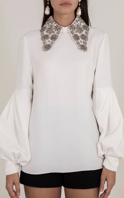 Andrew Gn Balloon-sleeved Embellished Crepe Top In White