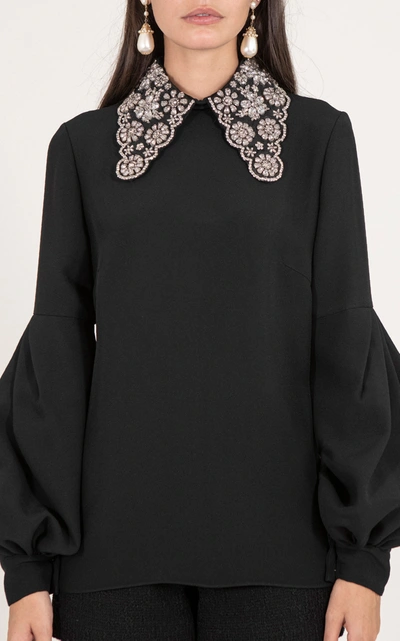 Andrew Gn Balloon-sleeved Embellished Crepe Top In Black
