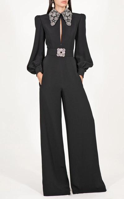 Andrew Gn Belted Crystal-embellished Cady Jumpsuit In Black