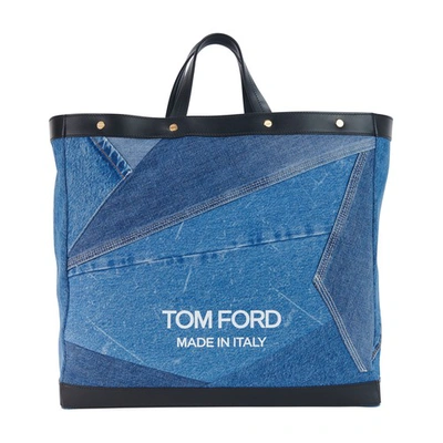 Tom Ford T Screw Shopper Medium Denim Patchwork In Washed Blue White Black