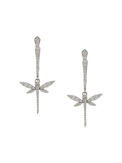 Anapsara 18kt White Gold Diamond Mini Dragonfly Drop Earrings In Silver
