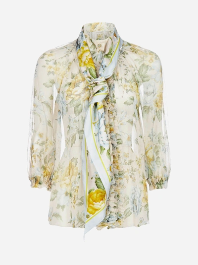 Zimmermann Lucky Floral-print Pussy-bow Silk-crepe Blouse In Blue Multi