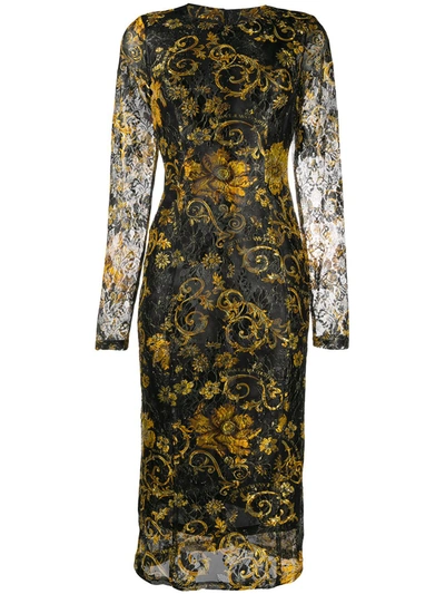 Versace Jeans Couture Printed Long-sleeved Midi Dress In Black