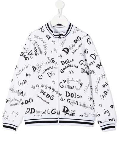 Dolce & Gabbana Kids' Zip-up Jersey Sweatshirt With Logo Print In White