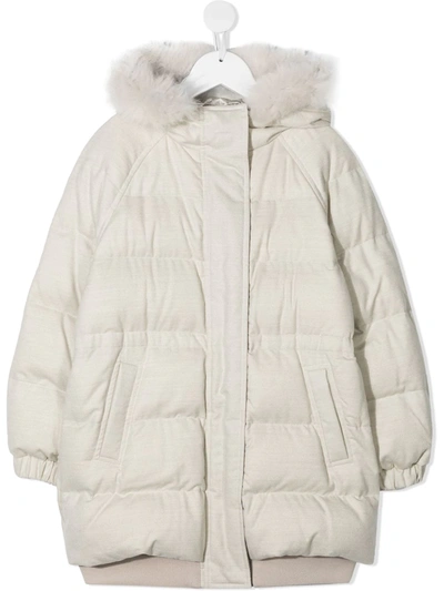 Brunello Cucinelli Kids' Padded Jacket With Faux Fur Trim In Neutrals