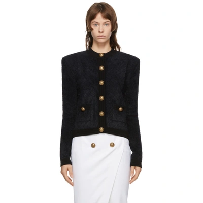 Balmain Buttoned Fluffy Diamond Knit Cardigan In Black