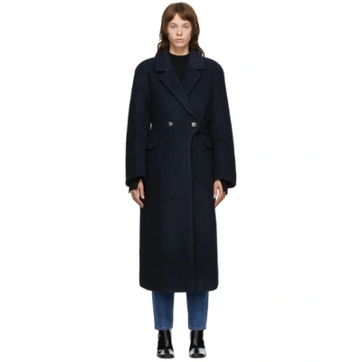 Ganni Double-breasted Wool-blend Coat In Blue