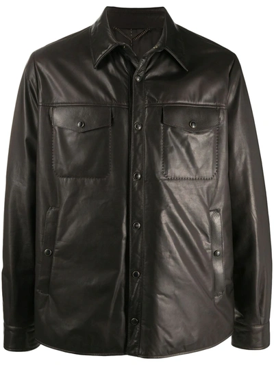 Ajmone Leather Shirt Jacket In Brown