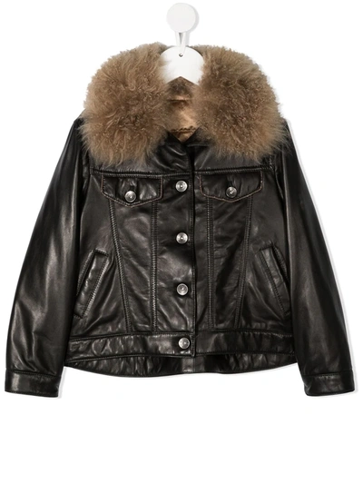 Brunello Cucinelli Kids' Faux-fur Collar Leather Jacket In Black