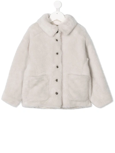 Brunello Cucinelli Kids' Faux Fur Buttoned Jacket In White