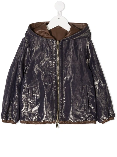 Brunello Cucinelli Kids' Metallic Crinkled-effect Hooded Jacket In Brown