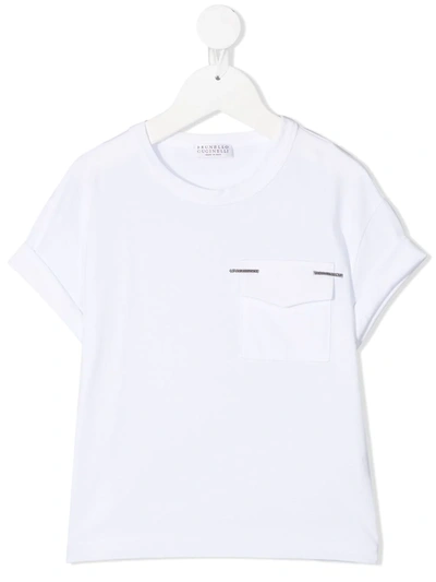 Brunello Cucinelli Kids' Cotton Jersey T-shirt With Pocket And Monile In White