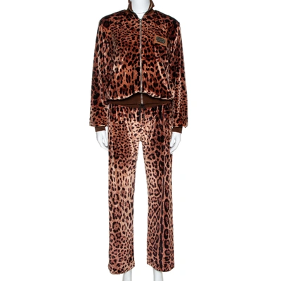 Pre-owned Dolce & Gabbana Brown Leopard Print Velvet Pants And Jacket Set M