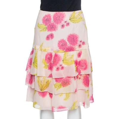 Pre-owned Dior Pink Floral Print Silk Tiered Skirt M