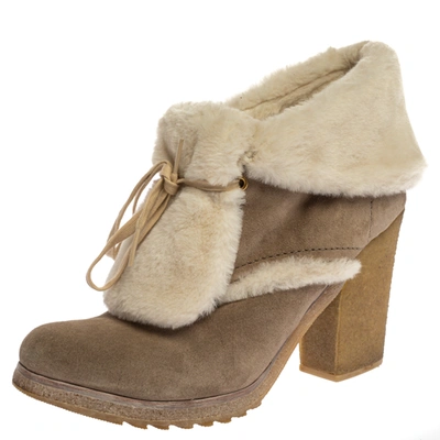 Pre-owned Prada Sports Beige Suede And Fur Shearling Trimmed Ankle Boots Size 40