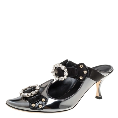 Pre-owned Dolce & Gabbana Dolce And Gabbana Metallic Grey/black Leather Crystal Embellished Mules Size 39