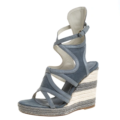 Pre-owned Balenciaga Grey Denim And Leather Trim Gladiator Wedge Platform Sandals Size 39