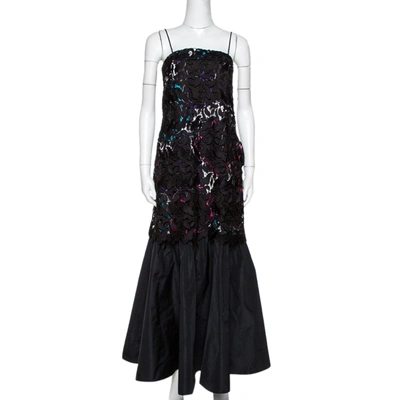 Pre-owned Emporio Armani Black Printed Satin & Lace Overlay Maxi Dress S
