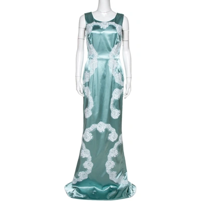 Pre-owned Dolce & Gabbana Light Blue Satin Lace Trim Gown L