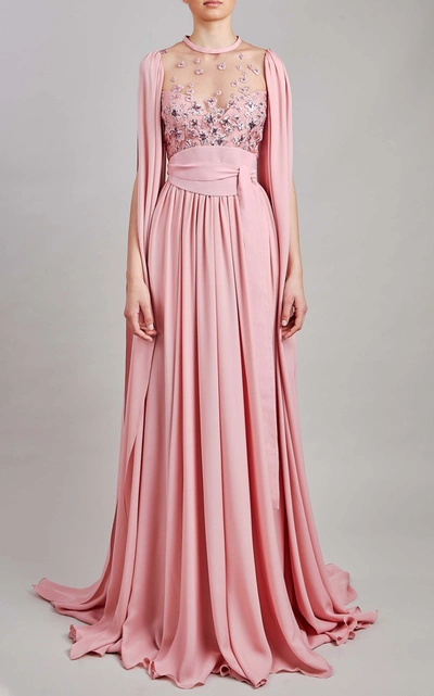 Elie Saab Tulle Embroidery And Silk Chiffon Maxi Dress In Pink | ModeSens