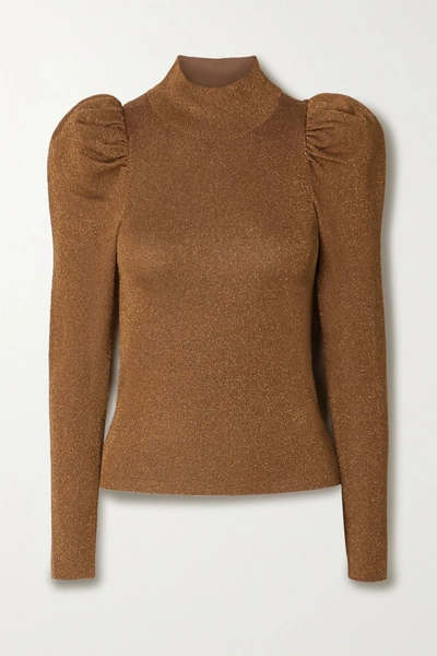 Alice And Olivia Issa Gathered Metallic Wool-blend Turtleneck Sweater In Gold